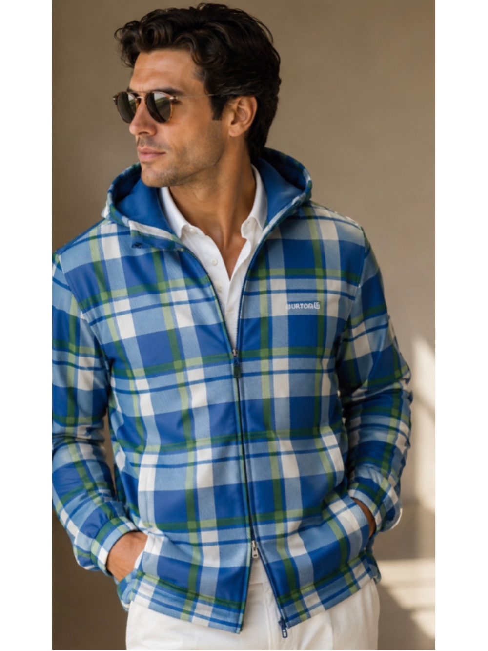 Men's Burton Performance Jacket Size S Blue Green Plaid Zip Up Hoodie